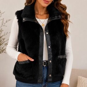 Bacci Black Faux Fur Vest Snap Front Sleeveless Jacket Plush‎ Cozy Winter Small